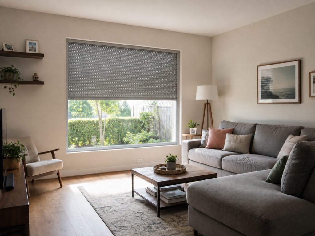 Modern living room with a roller shutter powered by a tubular motor for roller shutter, offering privacy and daylight control
