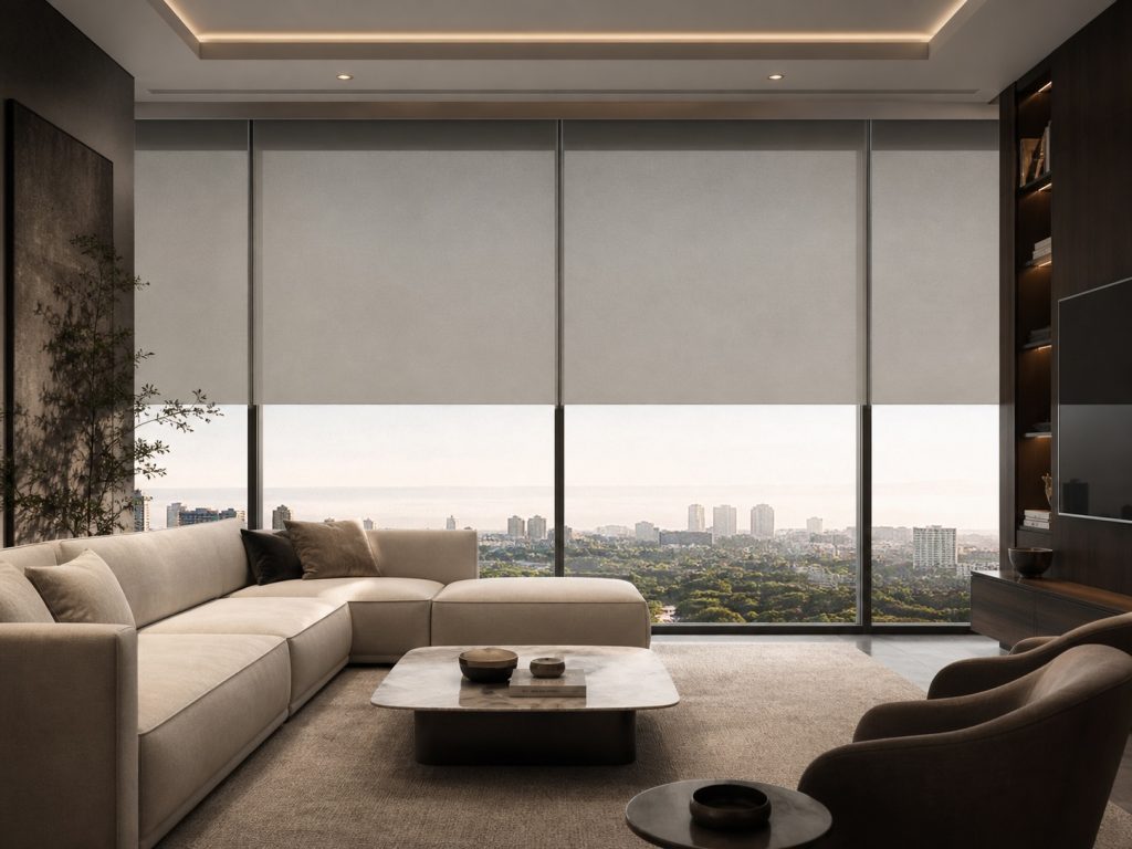 Luxury living room with motorized roller blinds on floor-to-ceiling windows for elegant light control