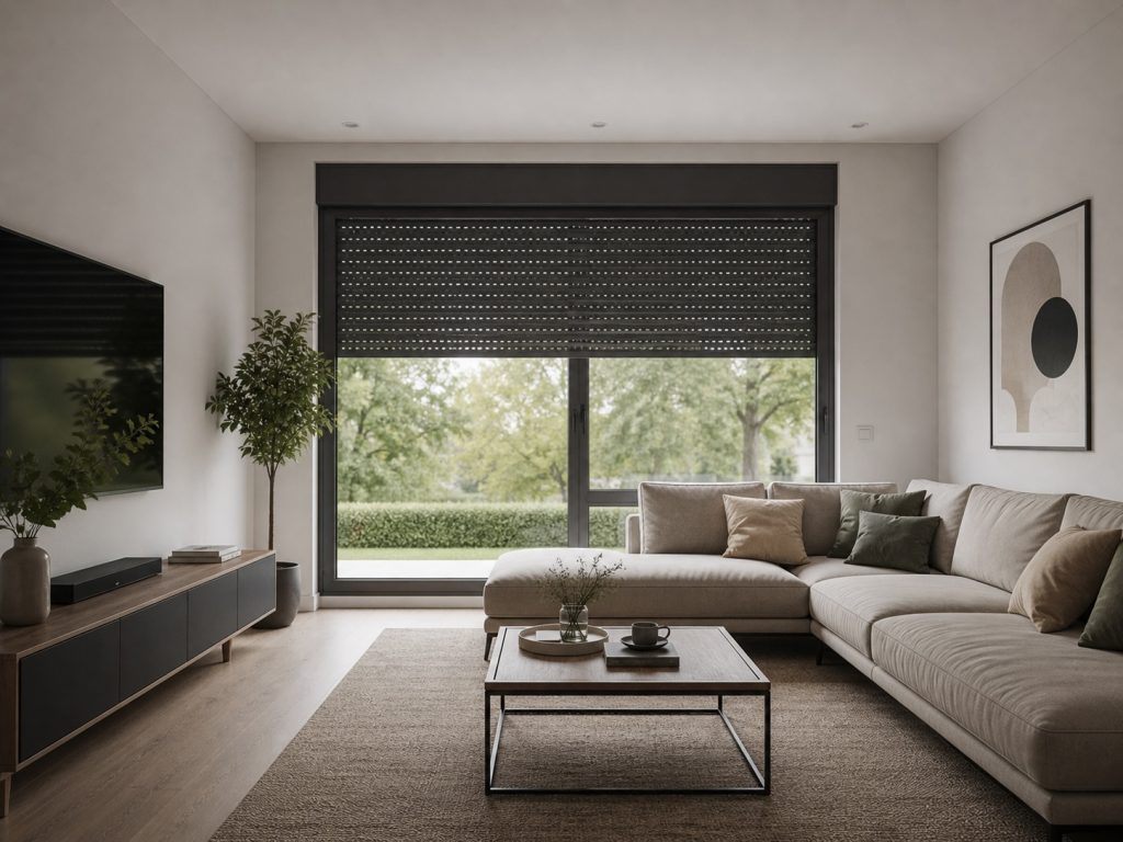 Bright living room with glass doors and a roller shutter operated by a tubular motor for roller shutter system