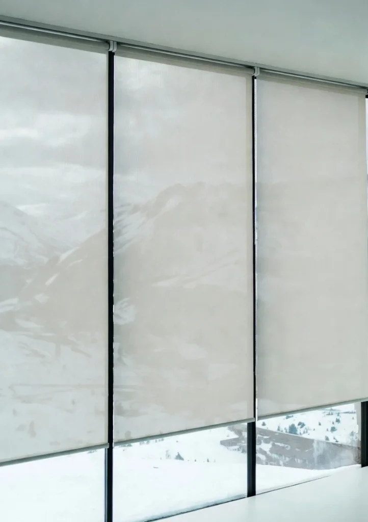 motorized roller blinds with snow outside