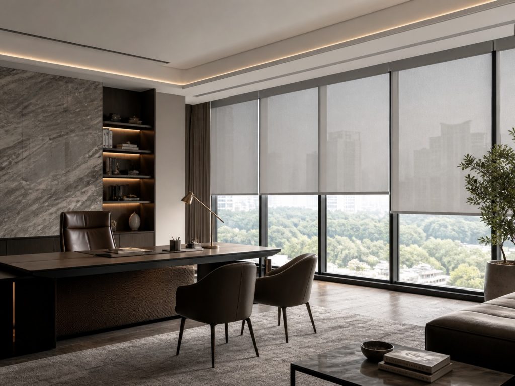Modern executive office with large window roller blinds and premium interior design