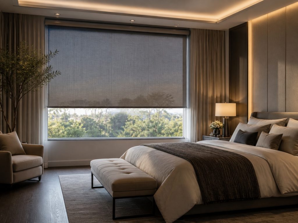 High-end bedroom with motorized roller blinds providing privacy and soft natural daylight