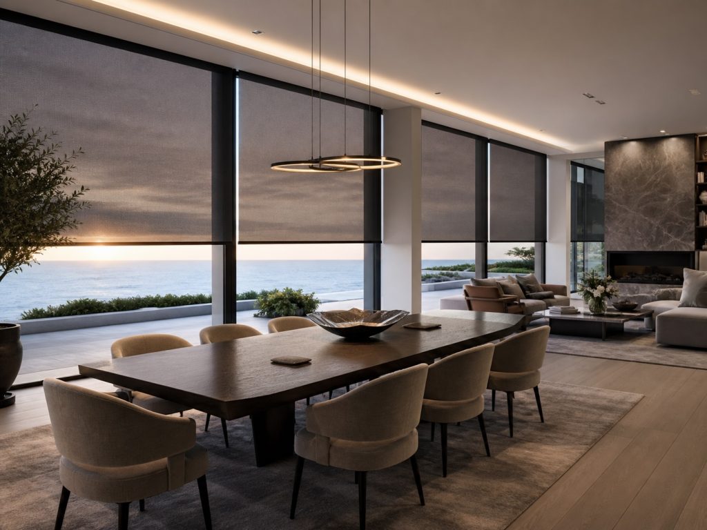 Luxury living room with motorized roller blinds on floor-to-ceiling windows for elegant light control
