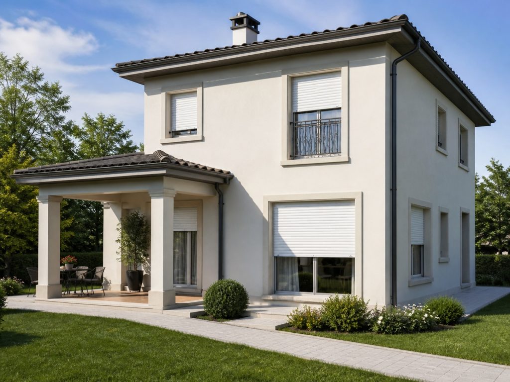Charming villa with dark exterior roller shutters using tubular motor for roller shutter automation