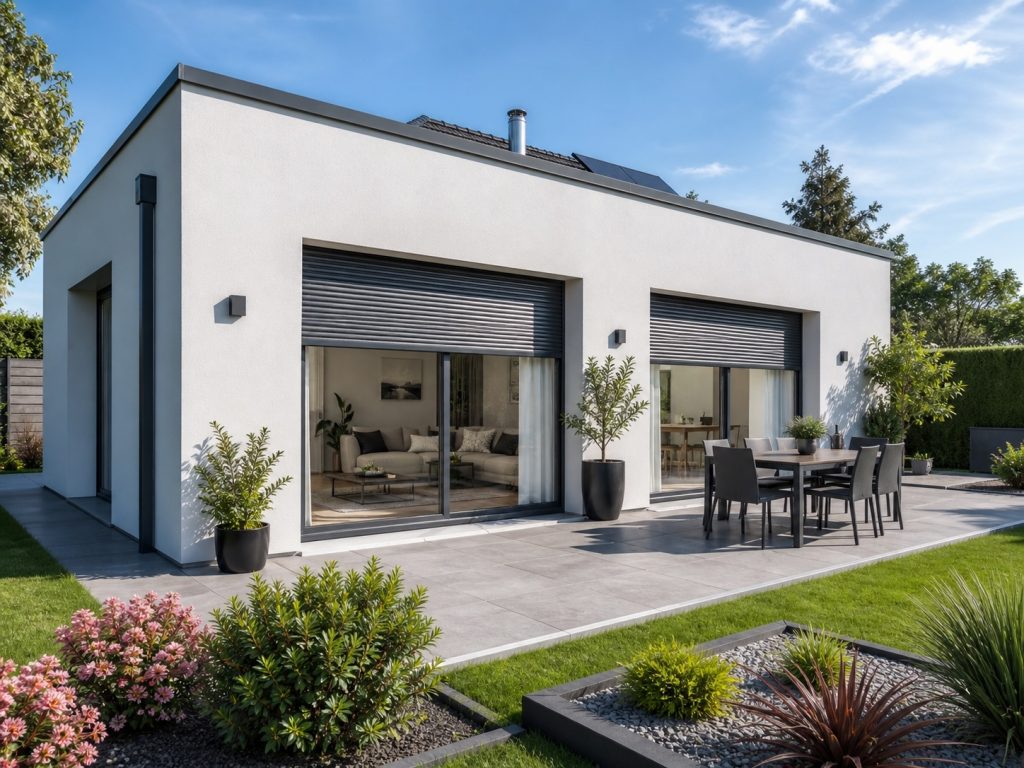 Small modern villa exterior with window roller shutters powered by tubular motor for roller shutter systems