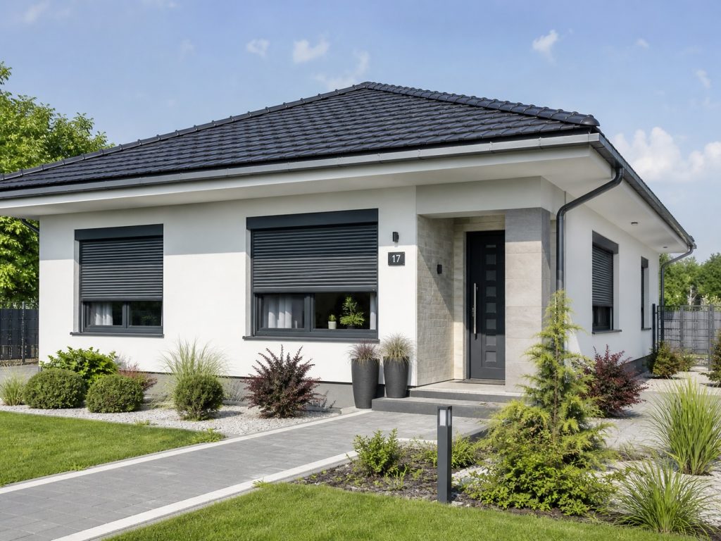 Contemporary small villa with patio and roller shutters controlled by tubular motor for roller shutter use