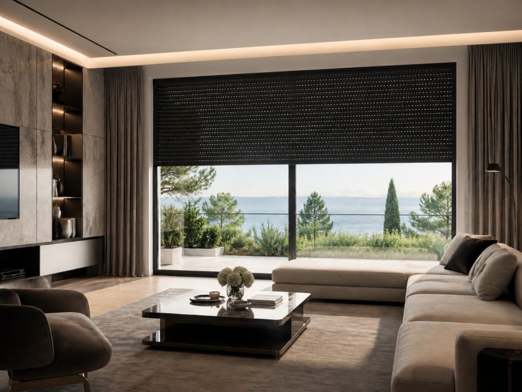 Luxury living room with large window roller shutter driven by a tubular motor for roller shutter solution
