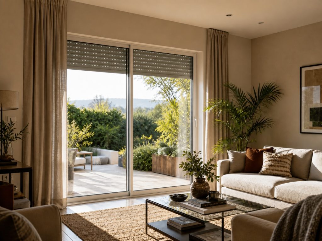 Cozy family living room featuring a half-closed roller shutter with tubular motor for roller shutter application