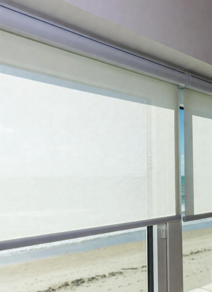 motorized roller blinds with tubular motor installed in modern living room