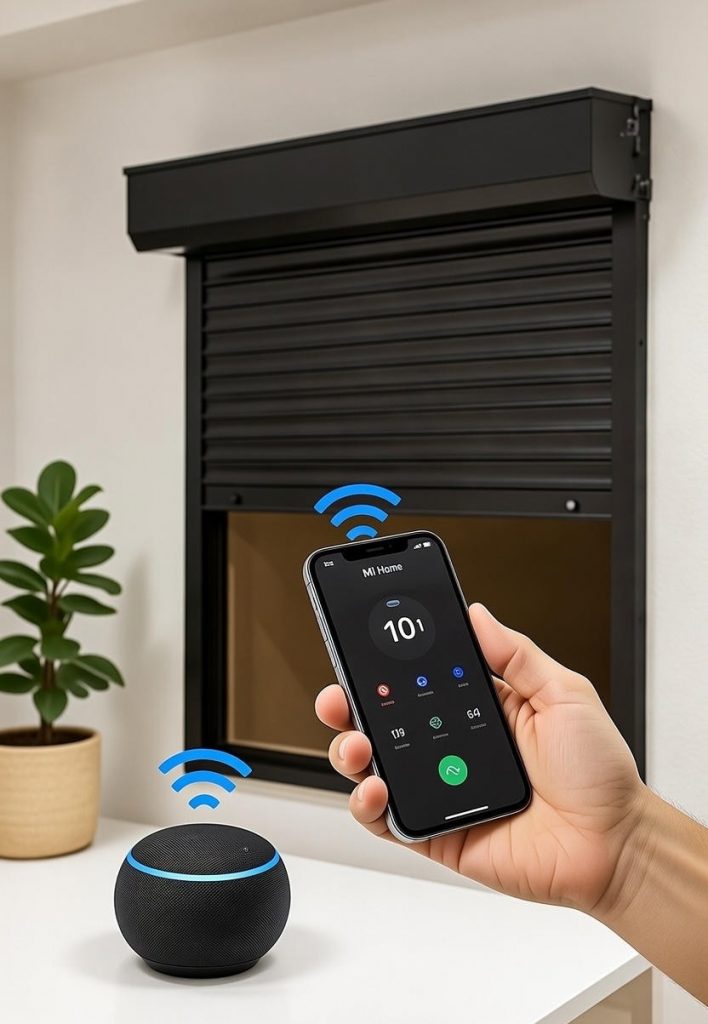 smart roller shutter with tubular motor for security, energy saving and home automation