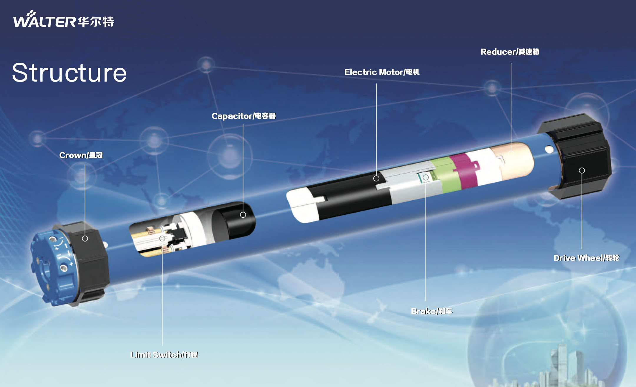 what is a tubular motor, Tubular motor internal structure diagram showing stator rotor gearbox and limit switch components