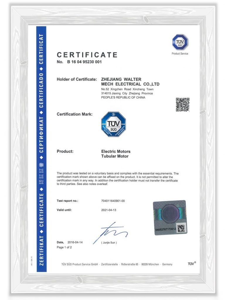 TUV SUD certification certificate for tubular motor approved roller shutter motor manufacturer China