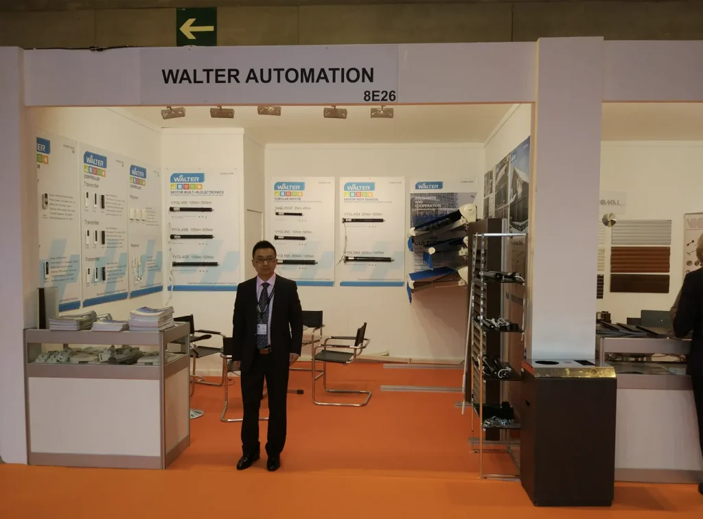 Tubular motor manufacturer booth at VETECO Madrid window and door exhibition