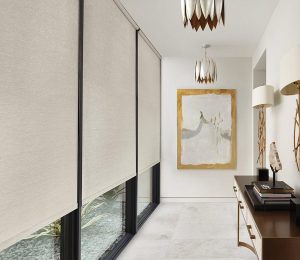 motorized roller shades in modern living room with correct torque motor