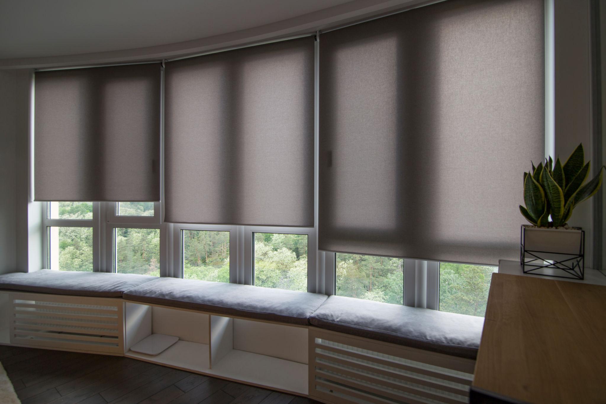 high-end interior with smart roller shades minimalist design large window covering