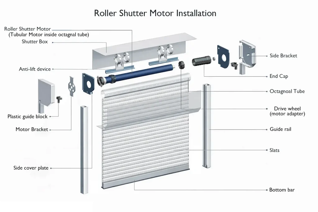 roller shutter motor installation diagram showing tubular motor inside octagonal tube with guide rails and head box system