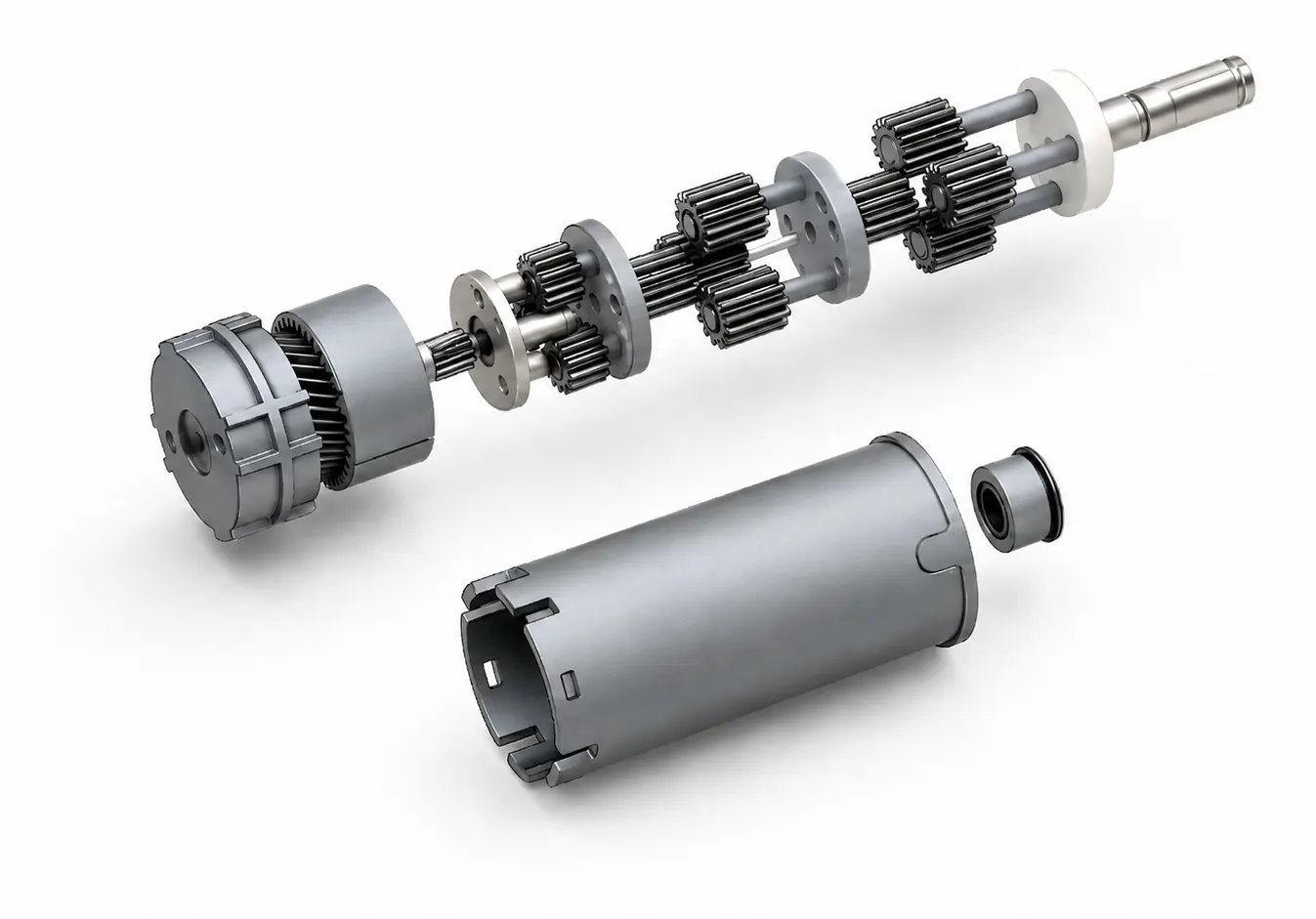 25mm tubular motor planetary gearbox exploded view for roller blinds system, precision gear reducer assembly with internal gear structure