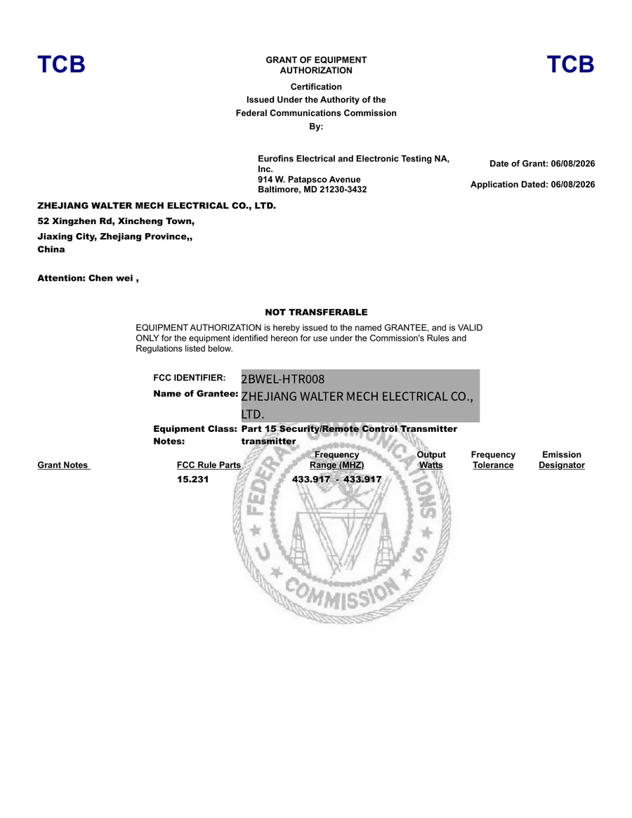 HTR008 FCC Grant certificate for Walter 433 MHz remote control transmitter