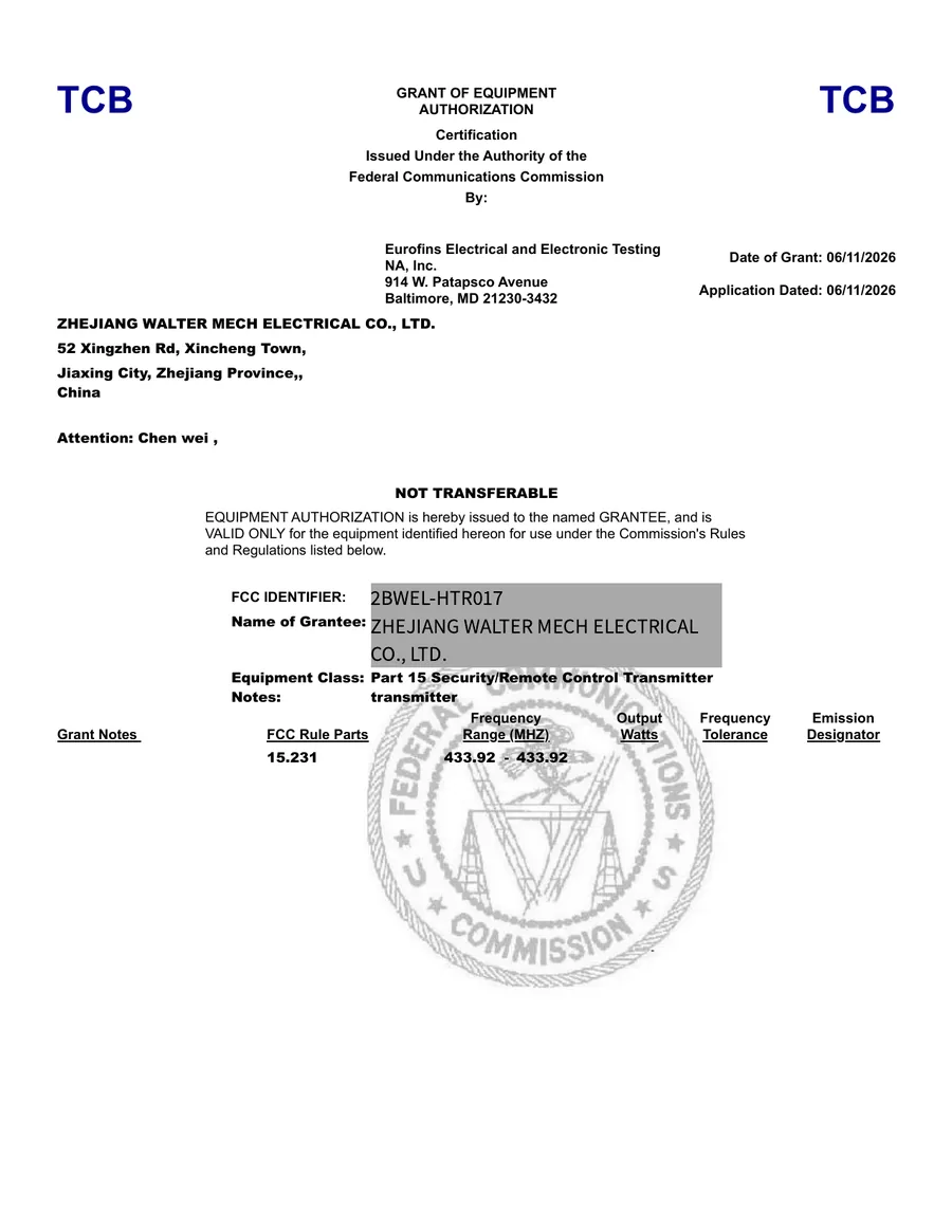 HTR017 FCC Grant certificate for Walter 433 MHz remote control transmitter