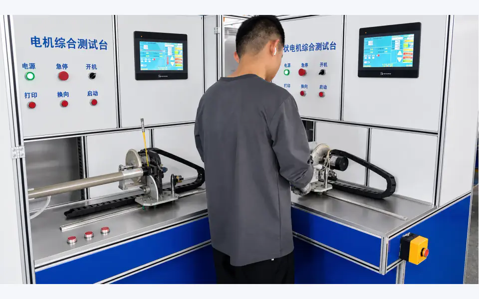 Walter technician operating a tubular motor comprehensive test bench