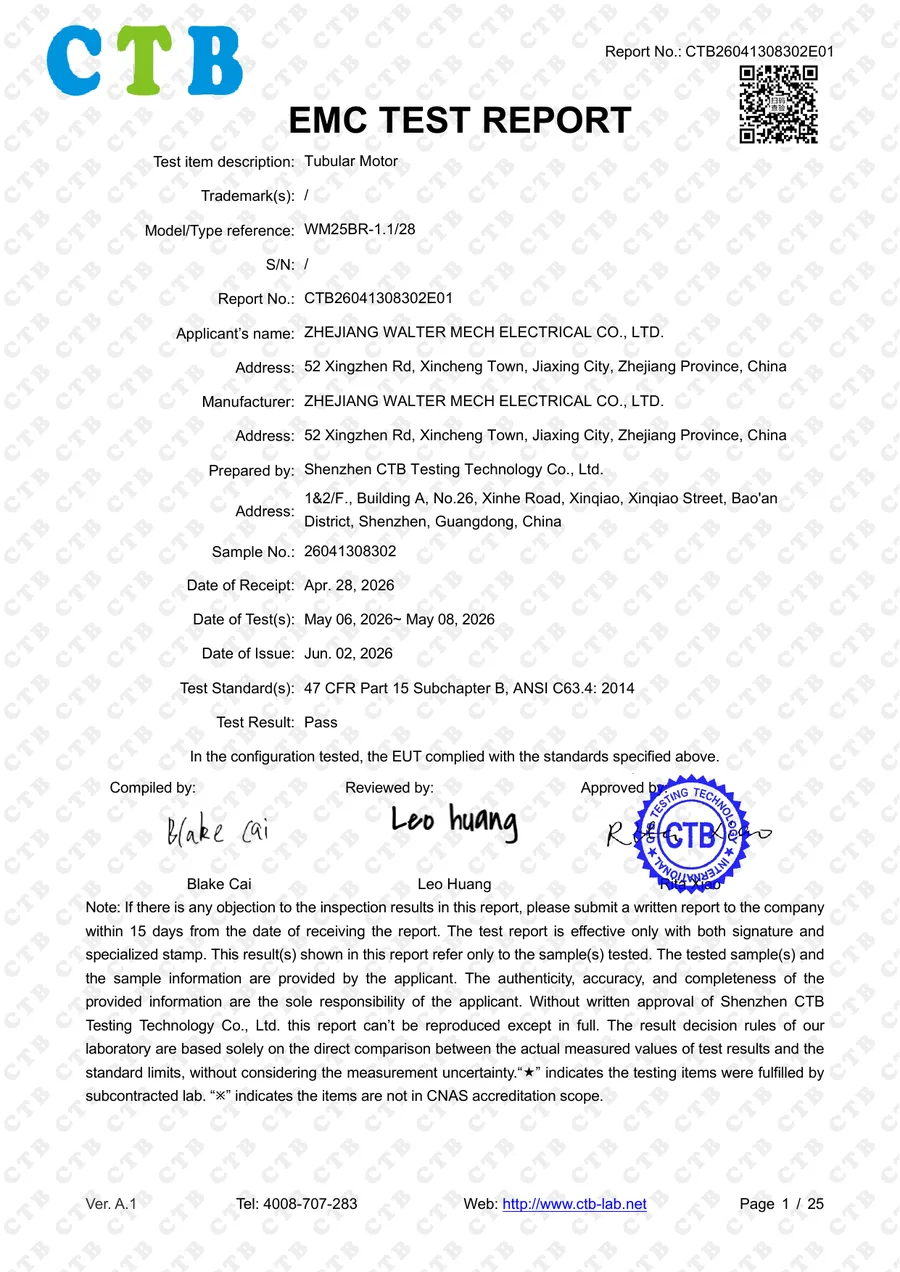 WM25BR FCC SDoC EMC test report for Walter battery tubular motor