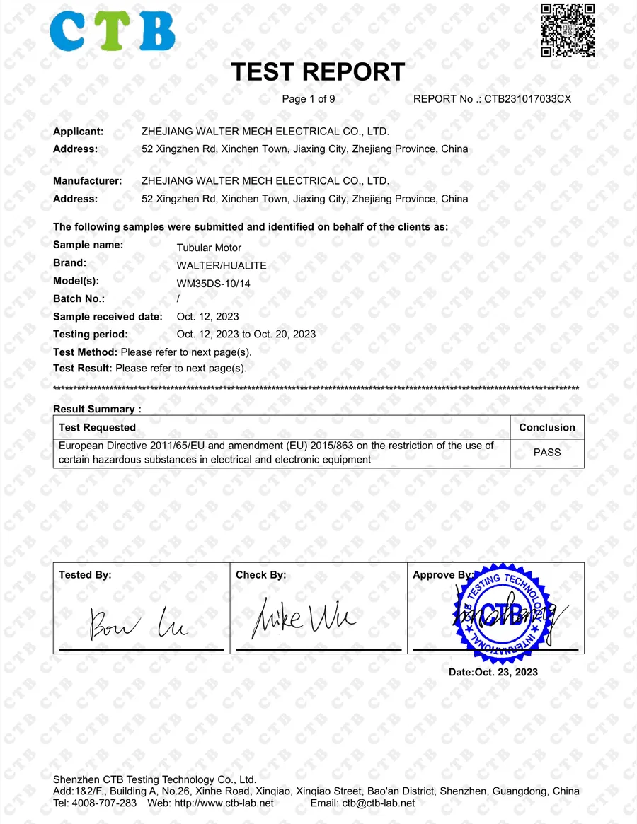 WM35DS CE and RoHS test report for Walter battery tubular motor