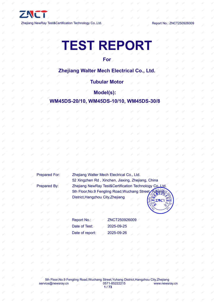 WM45DS CE safety test report for Walter 12V battery tubular motor