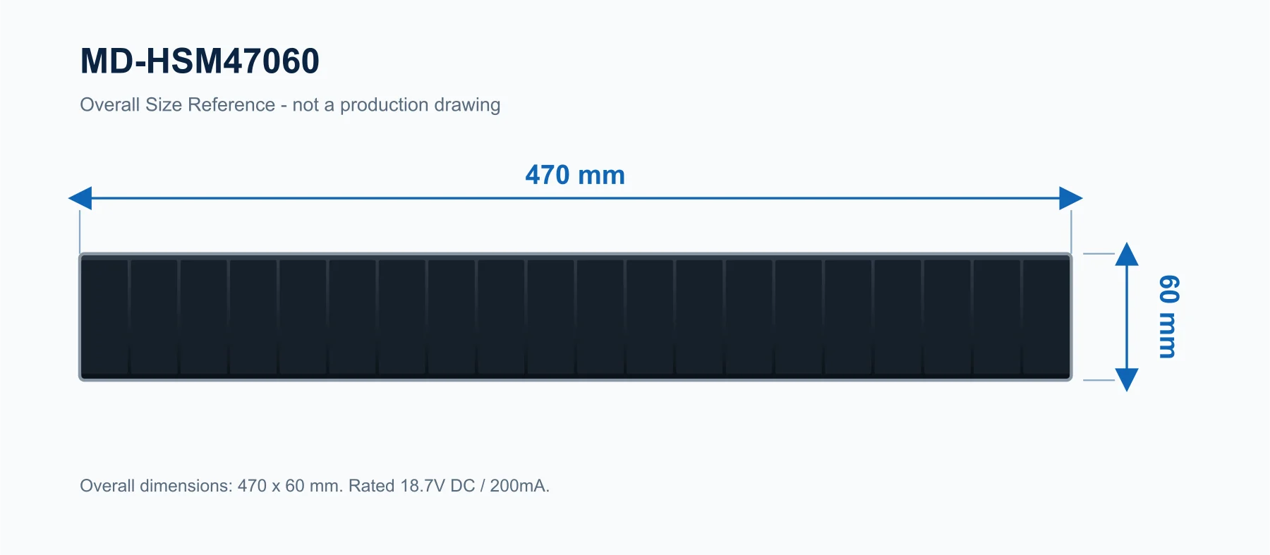 Dimensions hors tout du panneau solaire MD-HSM47060 : 470 par 60 millimètres