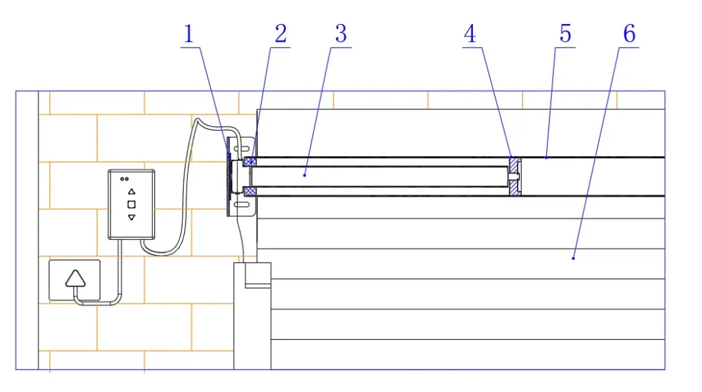 Relation d’installation entre le moteur tubulaire, la couronne, la roue d’entraînement, le support et le tube d’enroulement