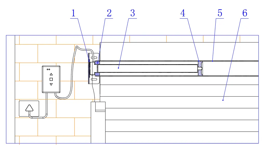 Relation d’installation moteur-tube montrant le support, la couronne, le moteur tubulaire, la roue d’entraînement, le tube d’enroulement et le tablier