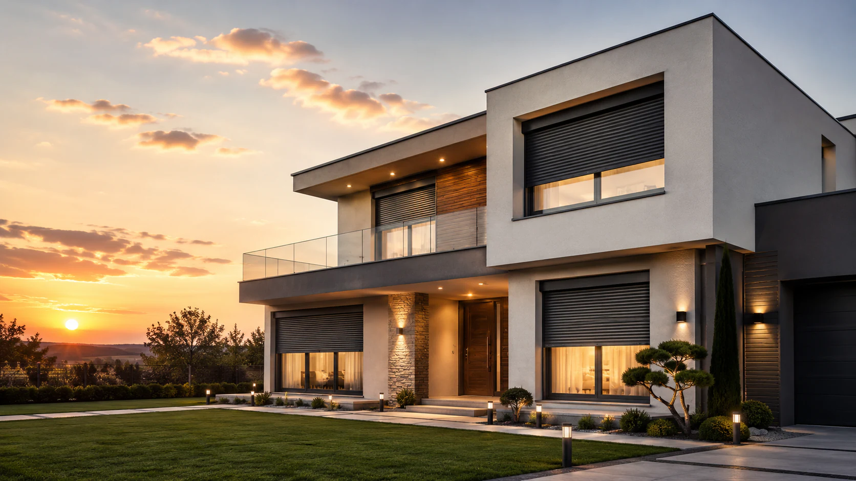 Villa moderne à deux étages avec volets roulants motorisés au coucher du soleil
