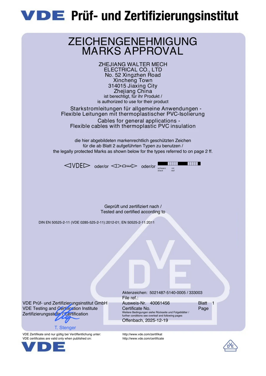 First page of Walter VDE certificate 40061456 for H03VV-F power cords